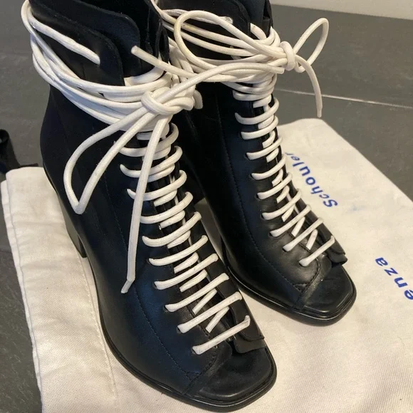 Proenza Schouler Black Leather Open-Toe Lace-Up Ankle Boots with White Laces - Picture 3 of 13